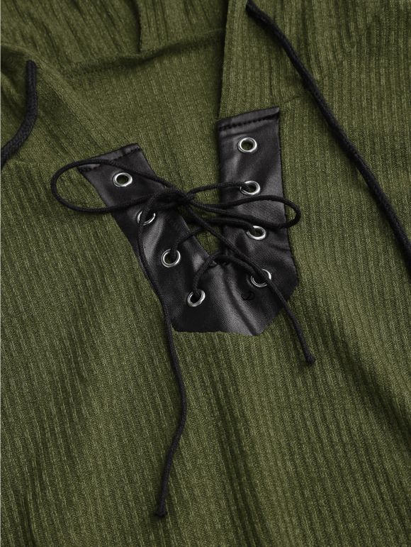 Women Outfit Colorblock Knitted Belt Hoodie Top and Grommet Leggings Set - Vert Armée S | US 4