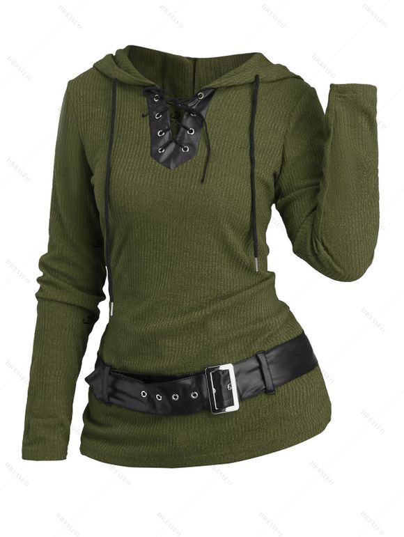 Women Outfit Colorblock Knitted Belt Hoodie Top and Grommet Leggings Set - Vert Armée S | US 4