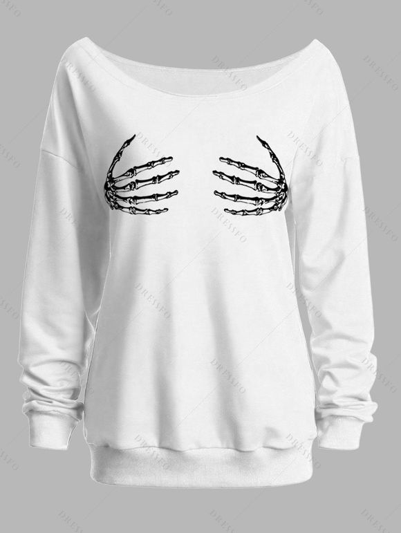 Sweat-shirt gothique à manches longues et col incliné avec imprimé main de squelette - Blanc M | US 6