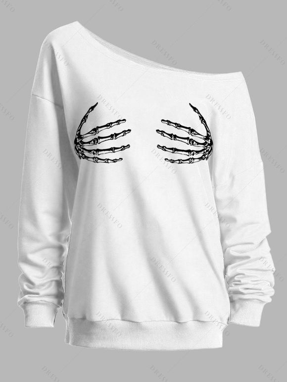 Gothic Women Outfit Skeleton Hand Print Skew Neck Sweatshirt and Leggings Set - Blanc S | US 4