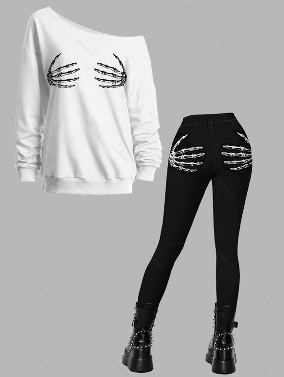 Gothic Women Outfit Skeleton Hand Print Skew Neck Sweatshirt and Leggings Set - Blanc S | US 4