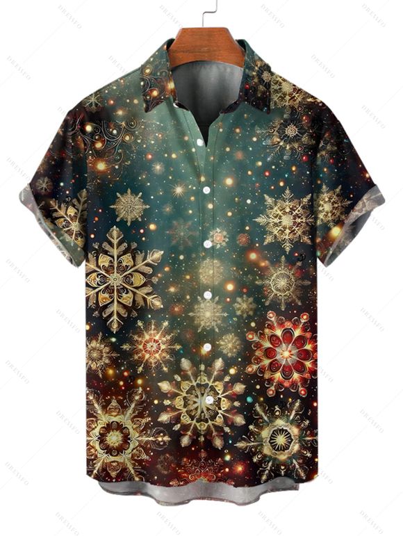 Chemise de Noël pour homme, boutonnée, imprimé flocon de neige et étoile - Vert Armée 2XL