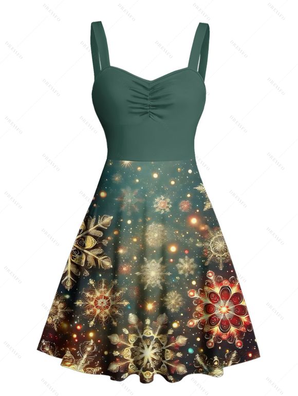 Robe de Noël à imprimé flocon de neige et étoiles, robe de vacances froncée - Vert Armée M | US 6