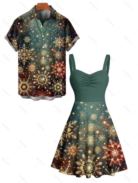 Christmas Couple Outfit Snowflake Star Print Dress and Shirt Set - Vert Armée S | US 4
