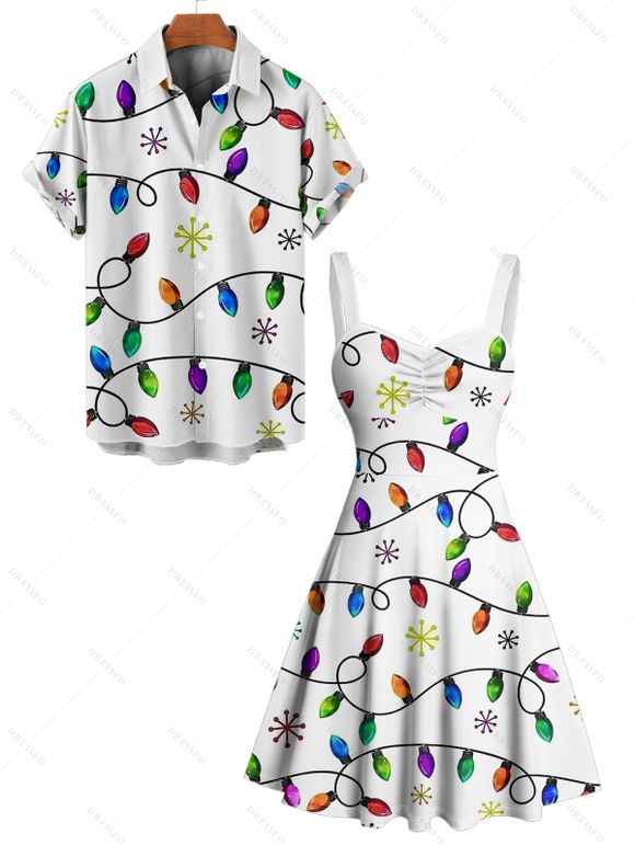 Christmas Couple Outfit Snowflake Colored Printed Dress and Shirt Set - Blanc S | US 4