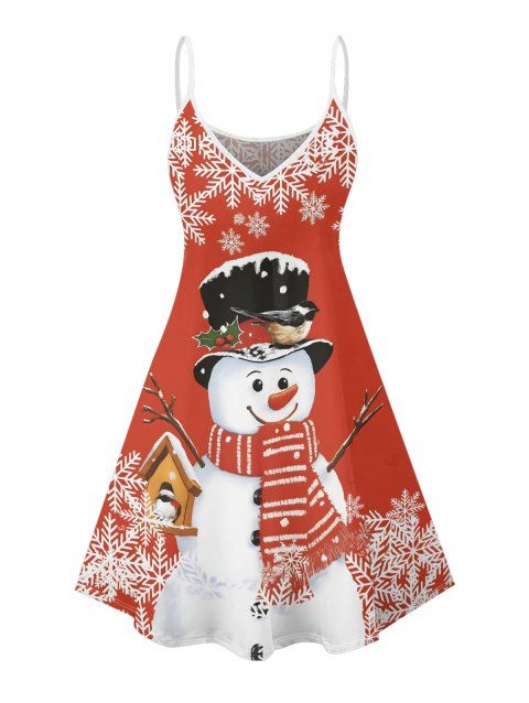 Robe de Noël Mini-robe à bretelles spaghetti à imprimé bonhomme de neige et flocon de neige