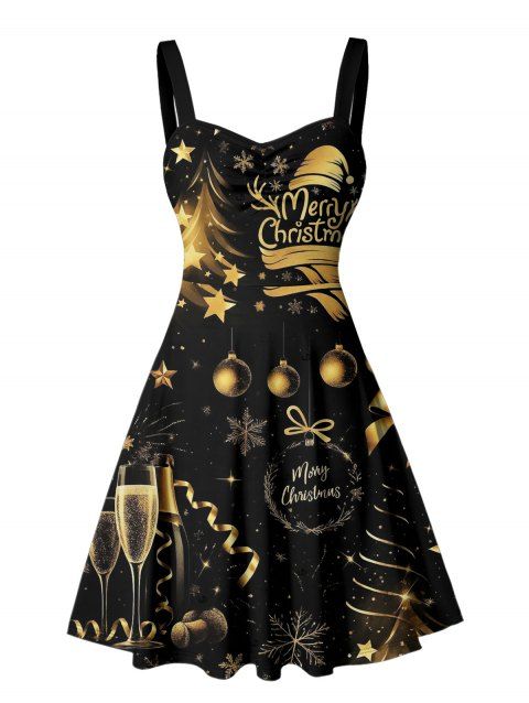 Robe de vacances, chapeau de sapin de Noël, cloche, imprimé lettres, mini-robe froncée