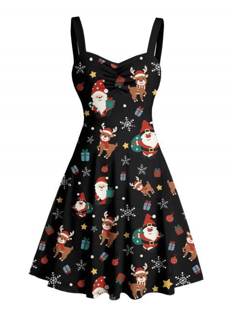 Robe de Noël Mini-robe froncée à imprimé Père Noël, élan et flocon de neige