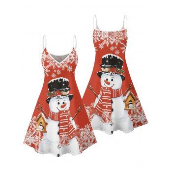 Christmas Dress Snowman Snowflake Print Spaghetti Strap Mini Dress