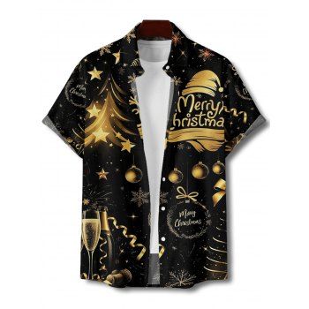 Men's Holiday Shirt Christmas Tree Hat Bell Letter Print Button Up Shirt