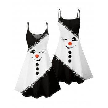 Christmas Dress Colorblock Snowman Snowflake Print Spaghetti Strap Dress