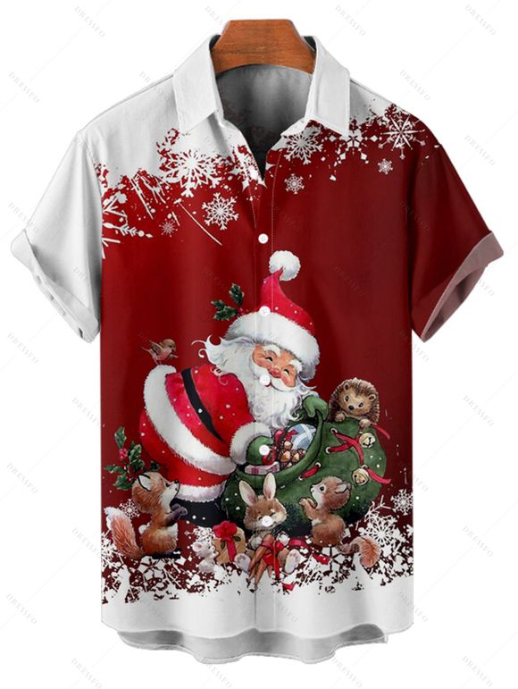 Chemise de Noël pour homme, imprimé Père Noël et flocons de neige, boutonnée - Rouge 2XL