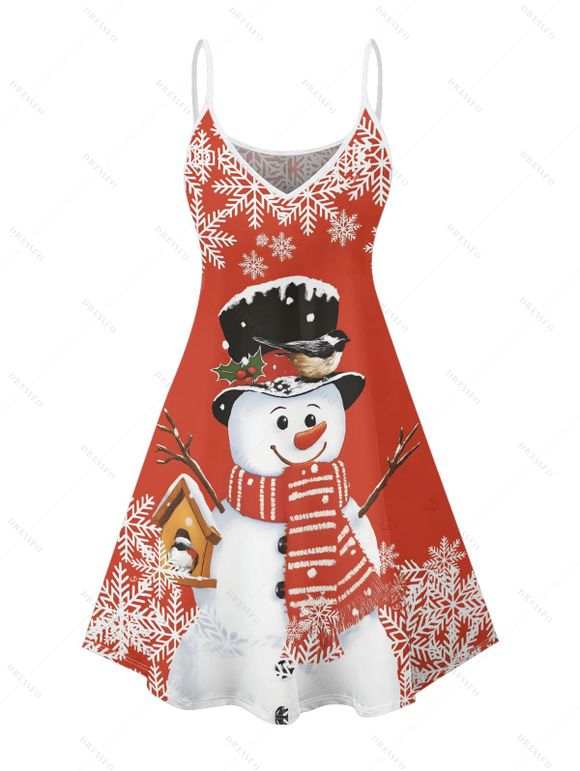 Robe de Noël Mini-robe à bretelles spaghetti à imprimé bonhomme de neige et flocon de neige - Rouge S | US 4