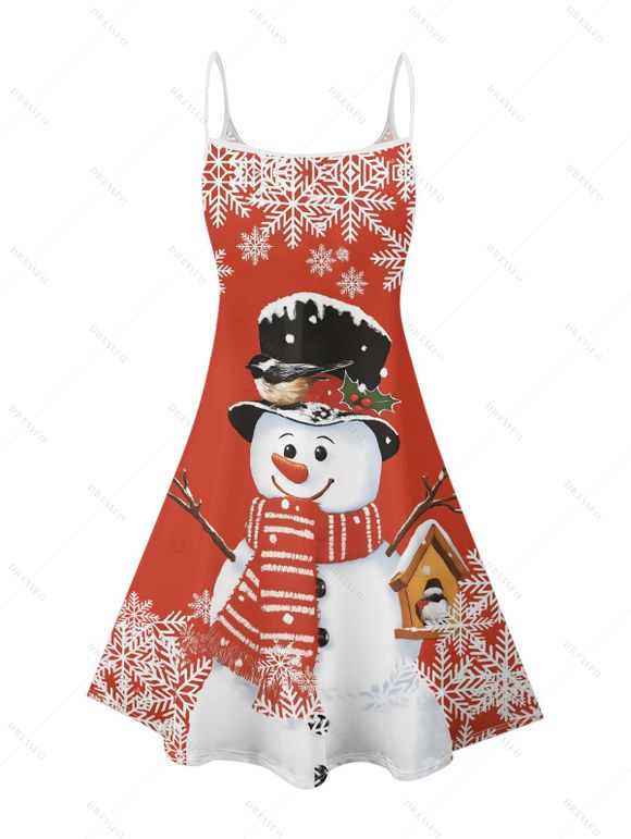 Robe de Noël Mini-robe à bretelles spaghetti à imprimé bonhomme de neige et flocon de neige - Rouge XXXL | US 16
