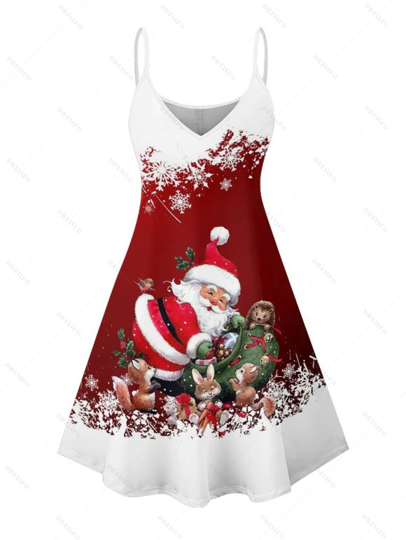 Robe de Noël Mini-robe à bretelles spaghetti à imprimé flocon de neige et père Noël - Rouge XXXXXL | US 20