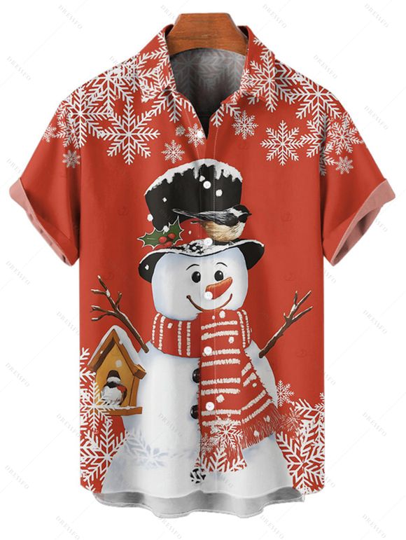 Chemise de Noël pour homme, imprimé bonhomme de neige et flocon de neige, boutonnée - Rouge 2XL