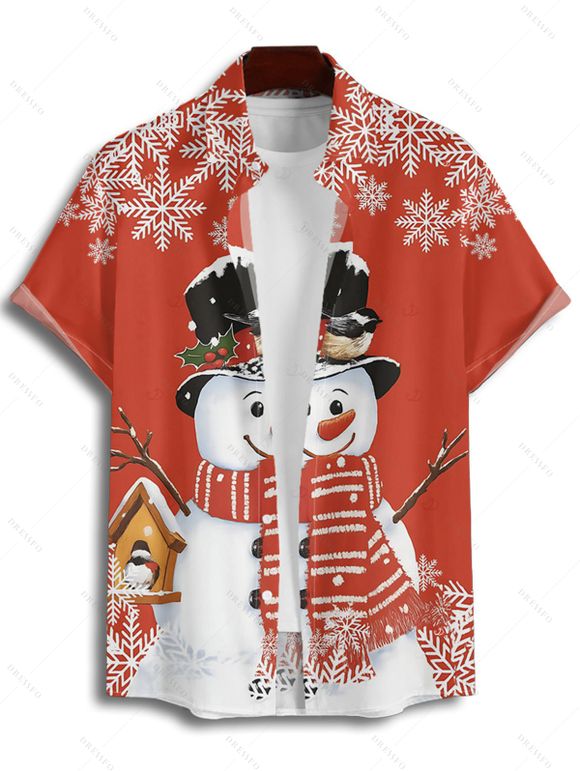 Chemise de Noël pour homme, imprimé bonhomme de neige et flocon de neige, boutonnée - Rouge 5XL