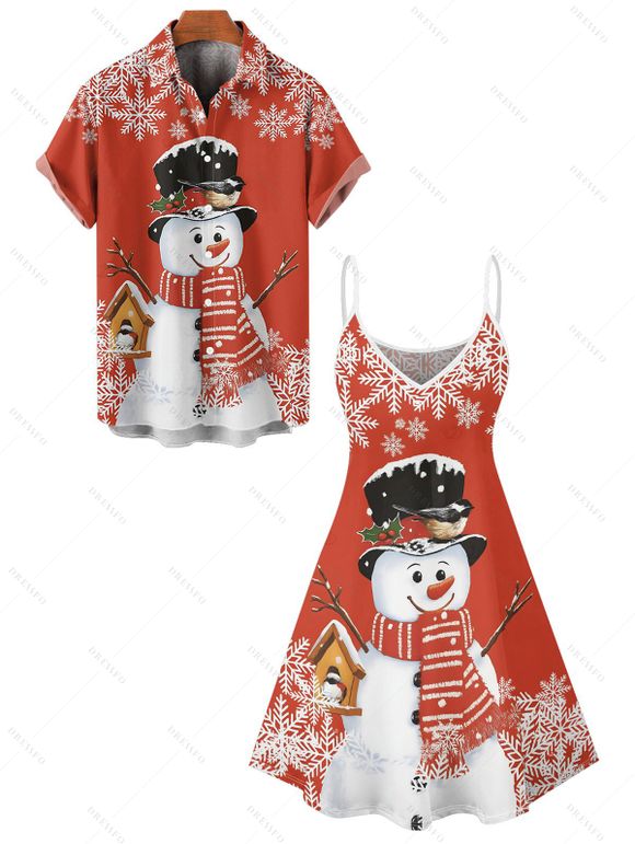 Christmas Couple Outfit Snowman Snowflake Print Dress and Shirt Set - Rouge S | US 4