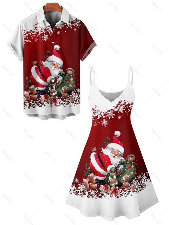 Christmas Couple Outfit Santa Claus Snowflake Print Dress and Shirt Set - Rouge S | US 4