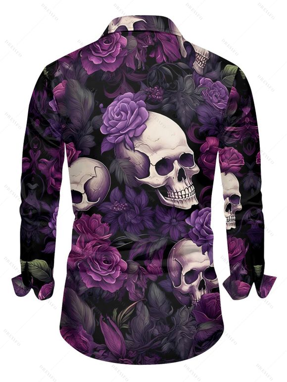 Chemise gothique à manches longues pour homme, motif tête de mort et roses, pour Halloween - Concorde 4XL