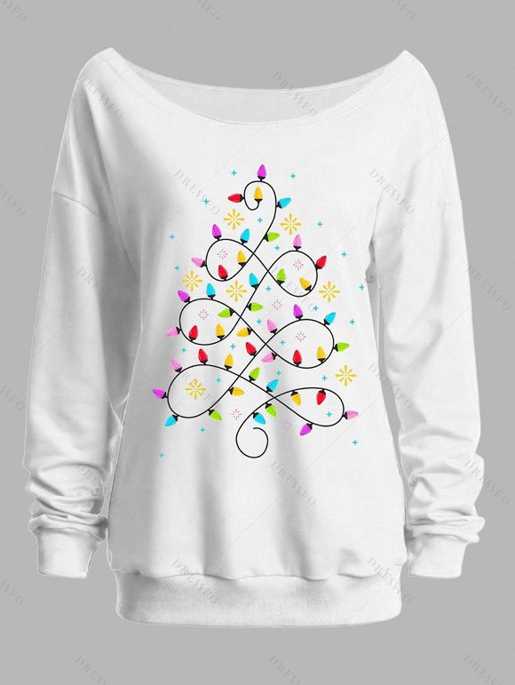 Sweat-shirt de vacances à manches longues et col incliné avec imprimé sapin de Noël - Blanc XXL | US 14