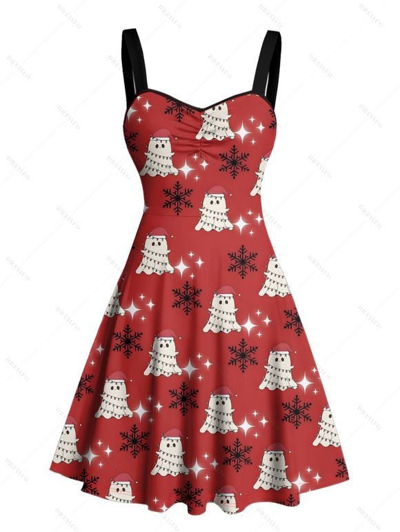 Robe de vacances Fantôme avec chapeau de Noël Robe mini froncée à imprimé flocon de neige - Rouge XL | US 12