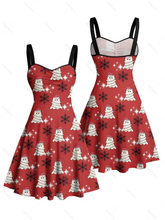 Robe de vacances Fantôme avec chapeau de Noël Robe mini froncée à imprimé flocon de neige - Rouge XXXXXL | US 20