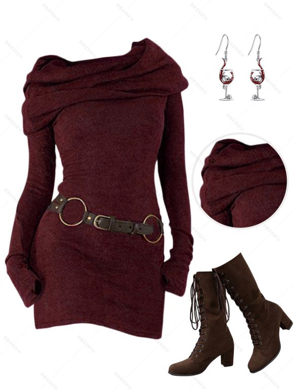 Women Outfit Cowl Neck Hooded Belted Long Knit Sweater and Earrings Boots Set - Rouge Vineux S | US 4