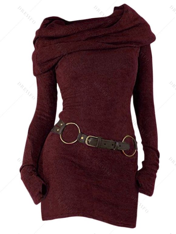 Women Outfit Cowl Neck Hooded Belted Long Knit Sweater and Earrings Boots Set - Rouge Vineux S | US 4