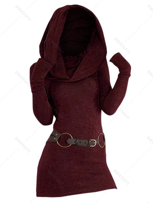 Women Outfit Cowl Neck Hooded Belted Long Knit Sweater and Earrings Boots Set - Rouge Vineux S | US 4