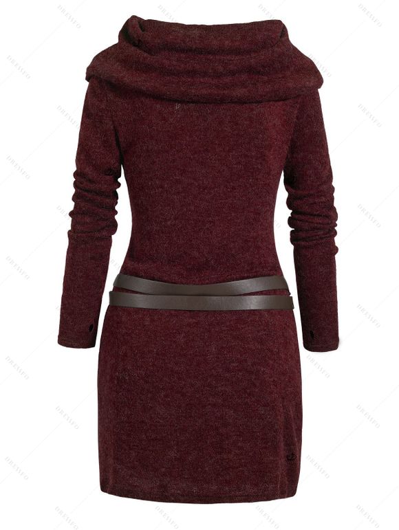 Women Outfit Cowl Neck Hooded Belted Long Knit Sweater and Earrings Boots Set - Rouge Vineux S | US 4