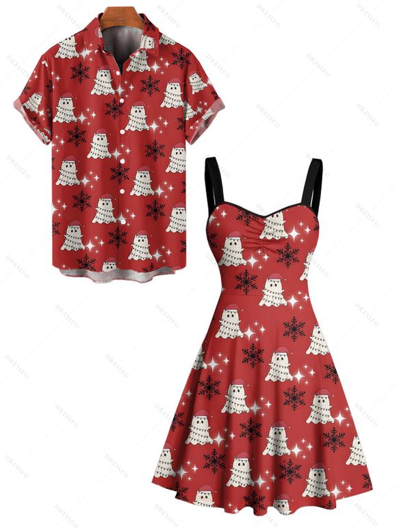 Holiday Couple Outfit Ghost with Christmas Hat Snowflake Print Dress and Shirt Set - Rouge S | US 4