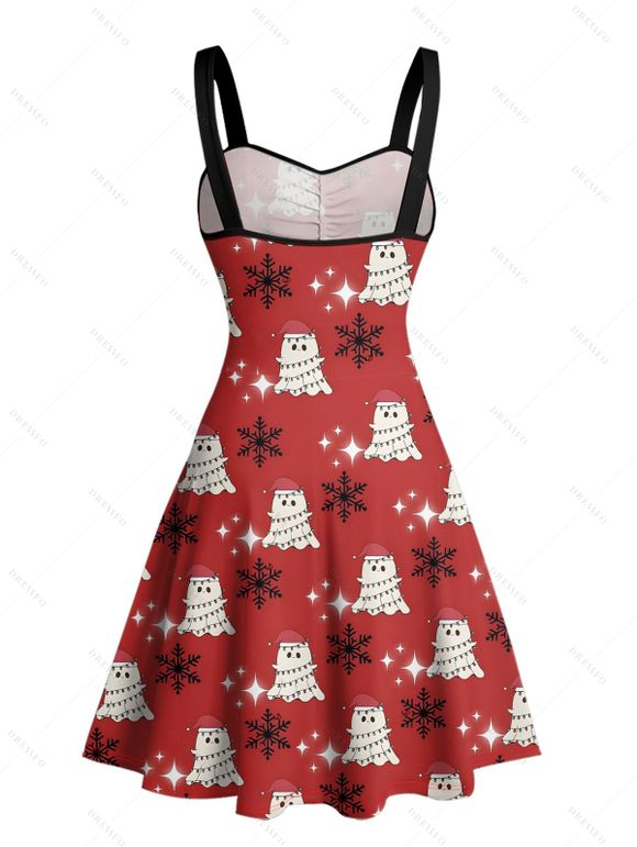 Holiday Couple Outfit Ghost with Christmas Hat Snowflake Print Dress and Shirt Set - Rouge S | US 4