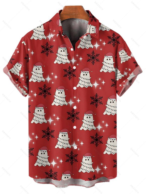Holiday Couple Outfit Ghost with Christmas Hat Snowflake Print Dress and Shirt Set - Rouge S | US 4