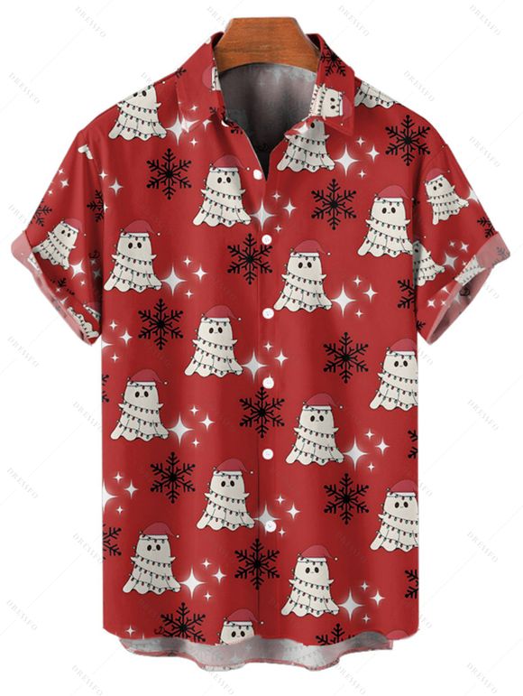 Chemise de vacances pour homme, imprimé fantôme avec chapeau de Noël et flocon de neige, boutonnée - Rouge S