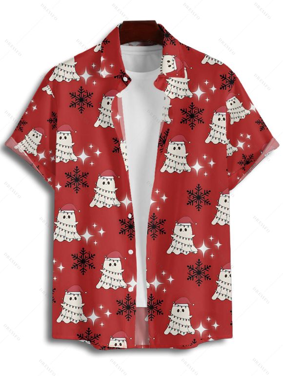 Holiday Couple Outfit Ghost with Christmas Hat Snowflake Print Dress and Shirt Set - Rouge S | US 4