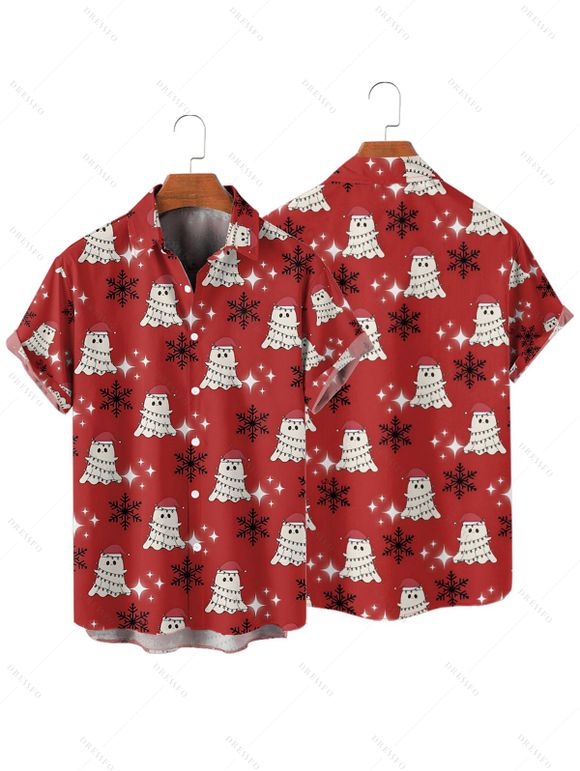 Holiday Couple Outfit Ghost with Christmas Hat Snowflake Print Dress and Shirt Set - Rouge S | US 4