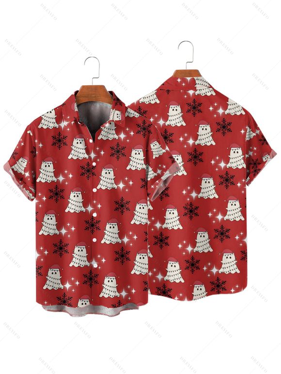 Chemise de vacances pour homme, imprimé fantôme avec chapeau de Noël et flocon de neige, boutonnée - Rouge XL