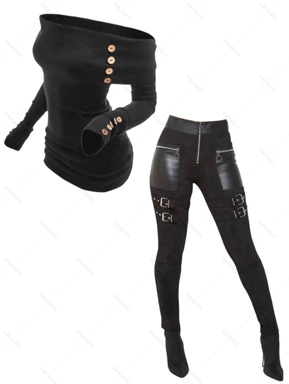 Women Outfit Off the Shoulder Mock Button Sweater and Buckle Leggings Set - Noir S | US 4