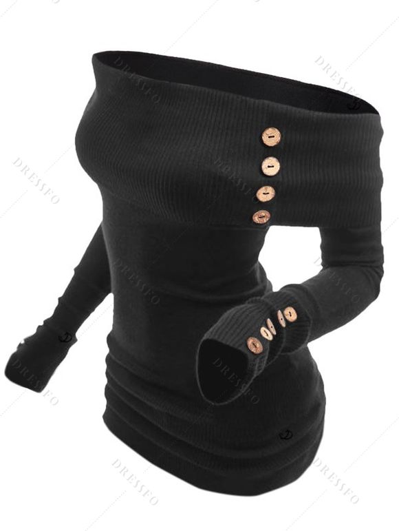 Women Outfit Off the Shoulder Mock Button Sweater and Buckle Leggings Set - Noir S | US 4
