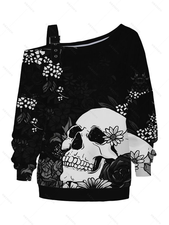 Sweat-shirt gothique à imprimé floral et tête de mort avec boucle et col incliné - Noir L | US 8-10