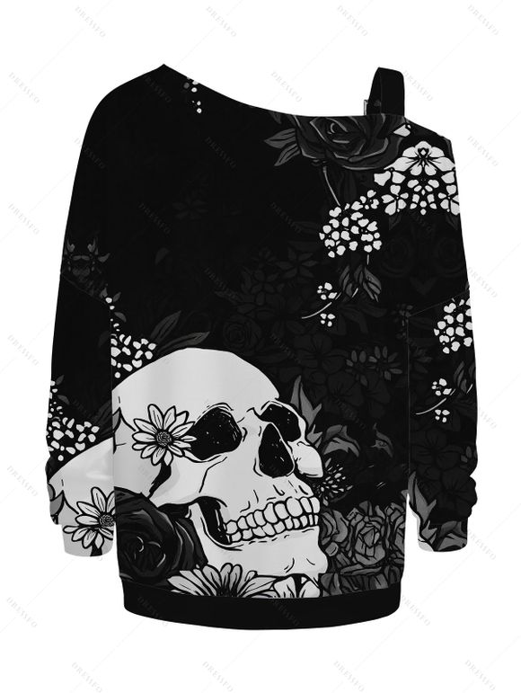 Sweat-shirt gothique à imprimé floral et tête de mort avec boucle et col incliné - Noir XXXXXL | US 20