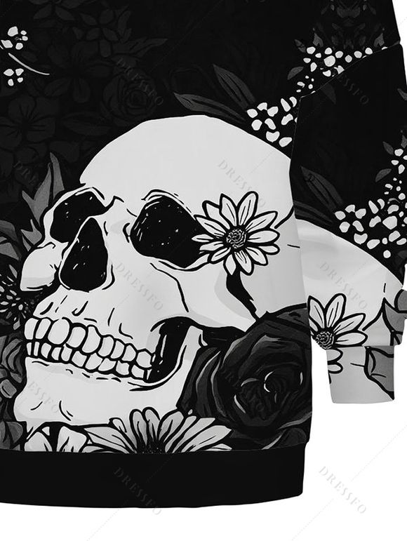 Sweat-shirt gothique à imprimé floral et tête de mort avec boucle et col incliné - Noir XXXXXL | US 20
