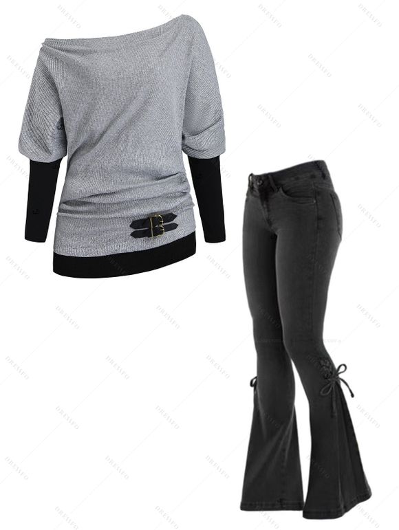 Women Outfit Colorblock Skew Neck Textured Buckle Top and Lace Up Flare Jeans Set - Gris S | US 4