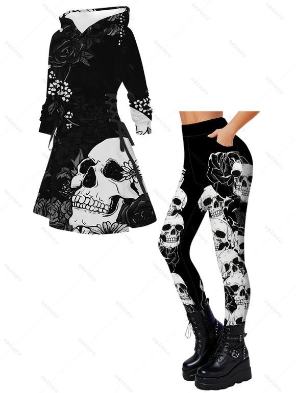 Gothic Women Outfit Rose Skull Print Lace Up Hoodie Dress and Leggings Set - Noir S | US 4