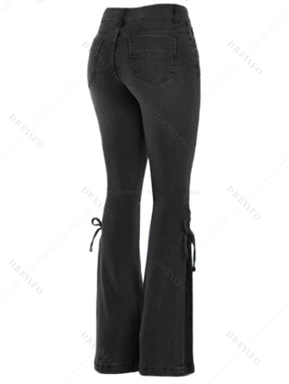 Women Outfit Colorblock Skew Neck Textured Buckle Top and Lace Up Flare Jeans Set - Gris S | US 4