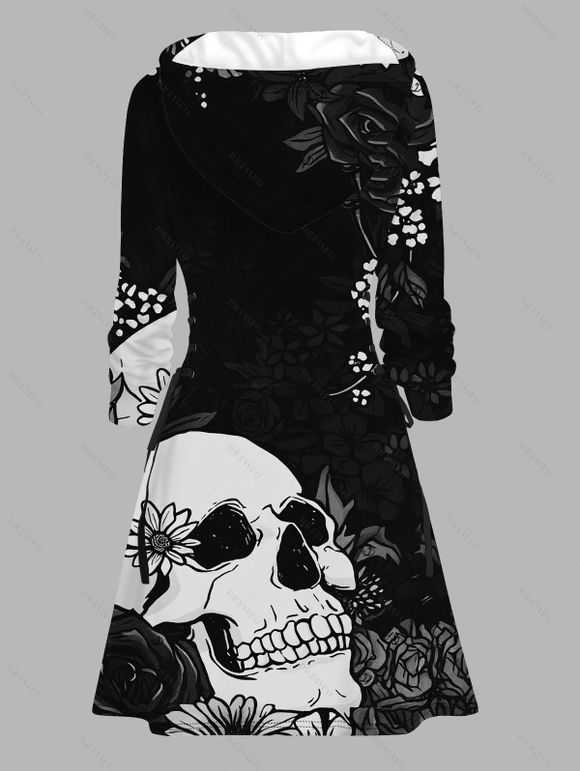 Gothic Women Outfit Rose Skull Print Lace Up Hoodie Dress and Leggings Set - Noir S | US 4