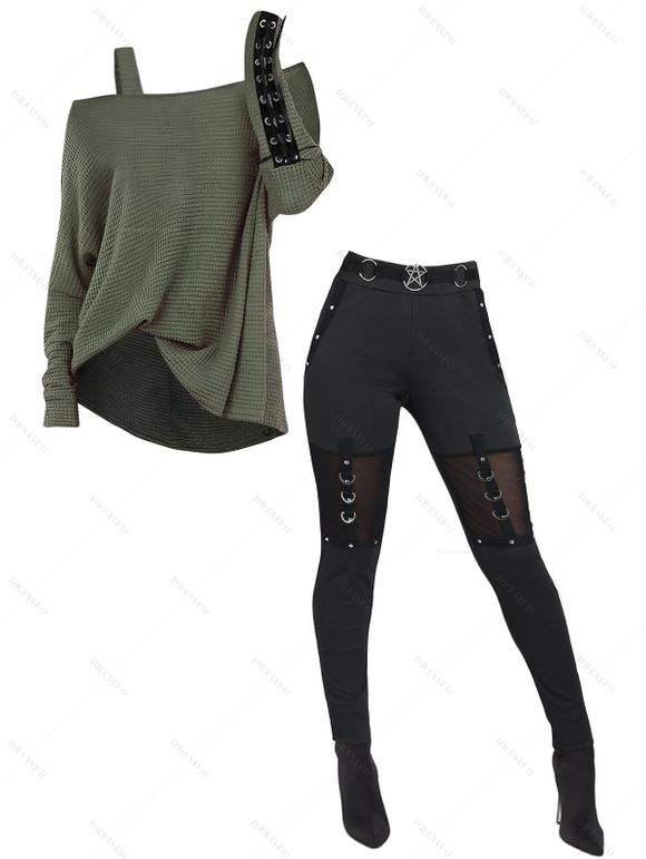 Women Outfit Solid Color Textured Skew Neck Top and Rivet O Ring Leggings Set - Vert S | US 4