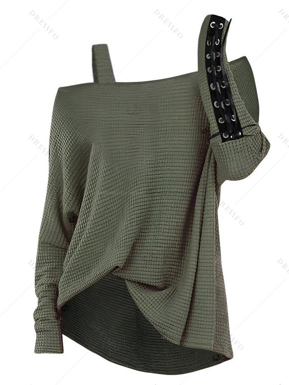 Women Outfit Solid Color Textured Skew Neck Top and Rivet O Ring Leggings Set - Vert S | US 4