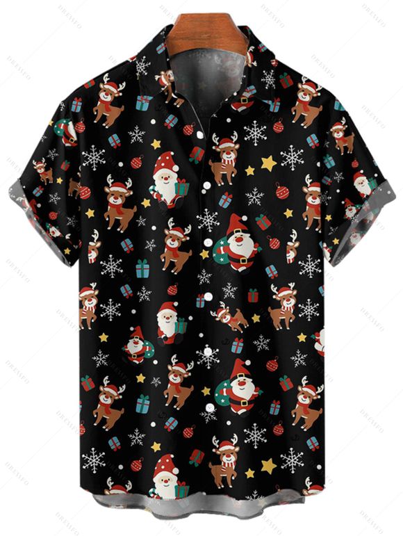 Chemise de Noël pour homme, imprimé Père Noël, élan, flocon de neige, boutonnée - Noir S